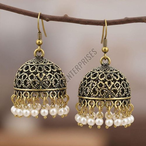 Vintage Inspired Brass Jhumka with Pearl Drops