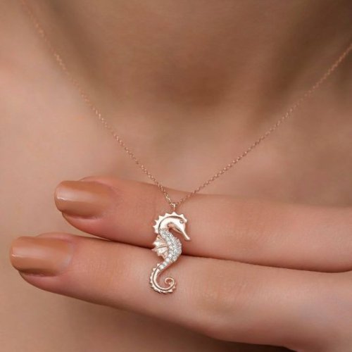 Elegant Sea Horse Necklace in 18K Rose Gold with Lab Grown Diamonds &AMP;AMP; Chain