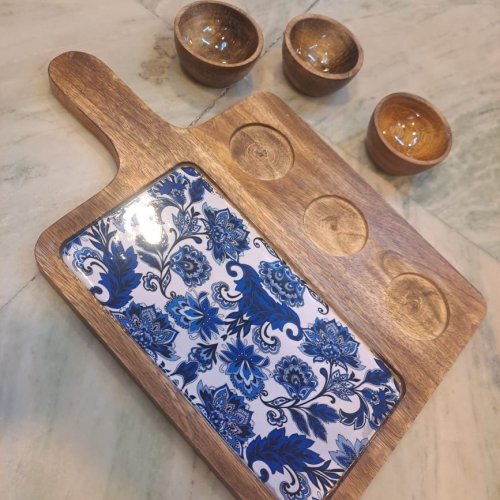 Blue Floral Wooden Serving Platter Set with 3 Bowl