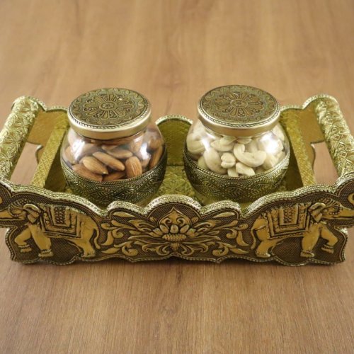 Decorative Golden Brass Mukhwas Tray with 2 Glass Jar