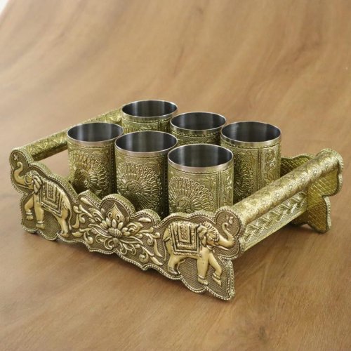 Oxidized Decorative Serving Tray with 6 Glass Set