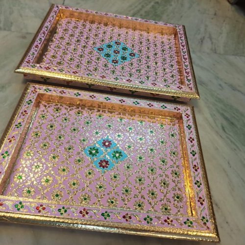 Pink Handcrafted Wooden Meenakari Serving Tray Set