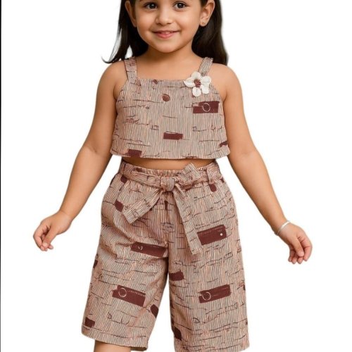 Baby Girl Brown Printed Sleeveless Culottes Set