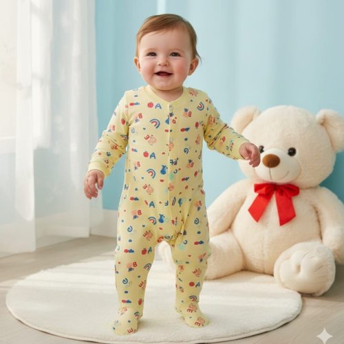 Baby Yellow Printed Cotton Full Sleeve Comfort Sleepsuit