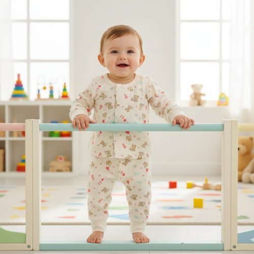 Newborn Teddy Print Cotton Sleepsuit