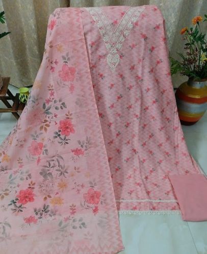 Cotton Linen Printed Unstitched Suit with Embroidery Bottom Cotton Rayon Dupatta
