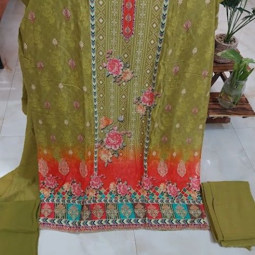 Digital Printed Muslin Silk Embellished Unstitched Suit Fabric