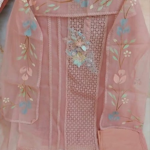 Cotton Net Embellished with Beautiful Lace Work Unstitched Suits