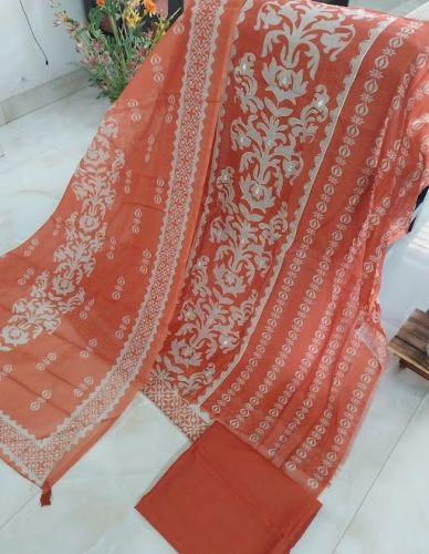 Rust Orange Pure Chanderi Mal Cotton Digital Printed Embellished Unstitched Suit
