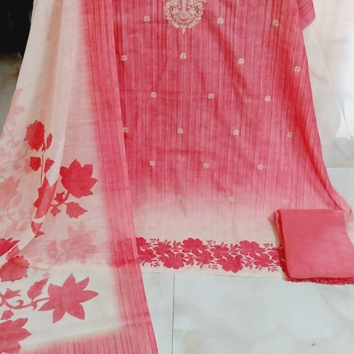 Pure Linen Cotton Embroidered Neckline Unstitched Suit with  Pure Cotton Dupatta