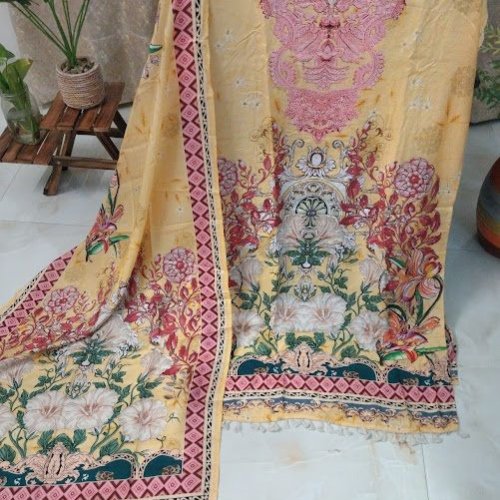 Pure Crepe Unstitched Suits with Heavy Bottom Dupatta