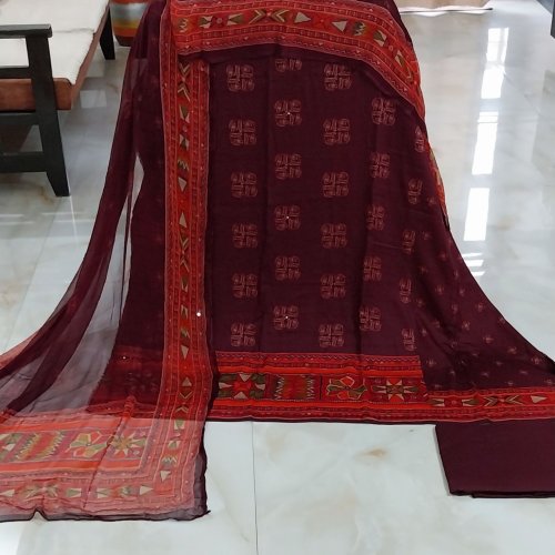 Burgandy Pure Cotton Embroidered Digital Printed Unstitched Suit