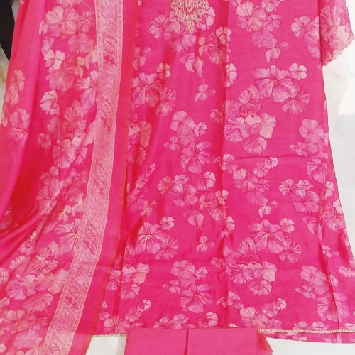 Top Pure Muslin Silk Digital Printed Zari Embroidered Neckline Unstitched Suits
