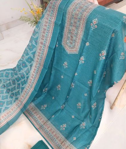 Viscose Linen Printed with Handwork Bottom Unstitched Suit