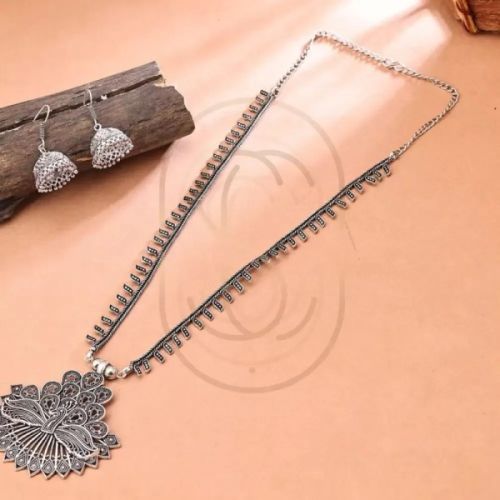 Oxidised Silver Long Necklace Set
