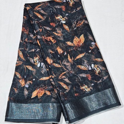 Black Digital Print Cotton Linen Saree