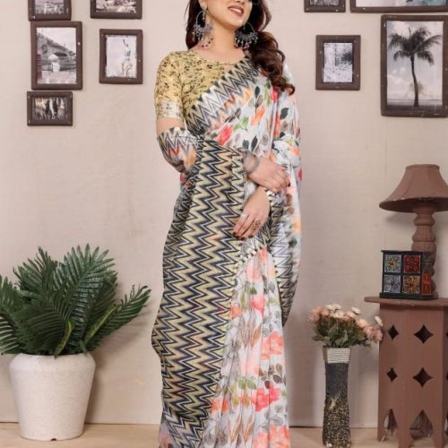 Stylish Digital Print Cotton Linen Saree