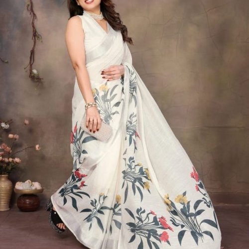 White Digital Print Cotton Linen Saree