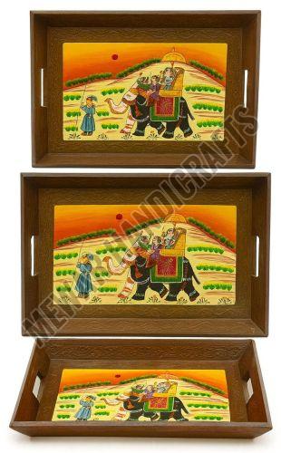 Set of 3 Hand Painted Engineered Wood Serving Tray Set