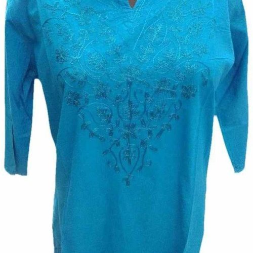 Blue Split Neck Cotton Short Kurti