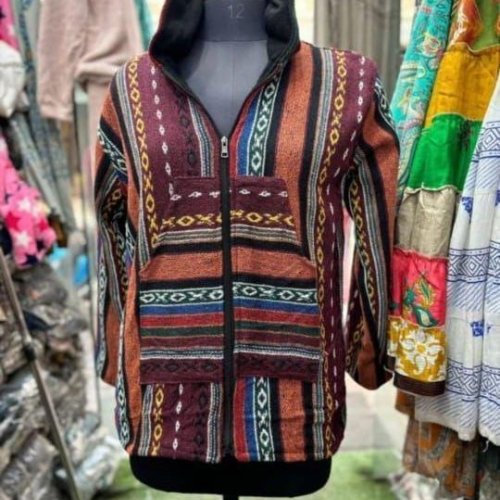 Handmade Gheri Fabric Zip Fleeece Hooded Jacket