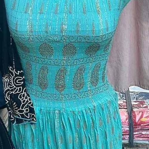 Sky Blue Printed Ladies Long Dress