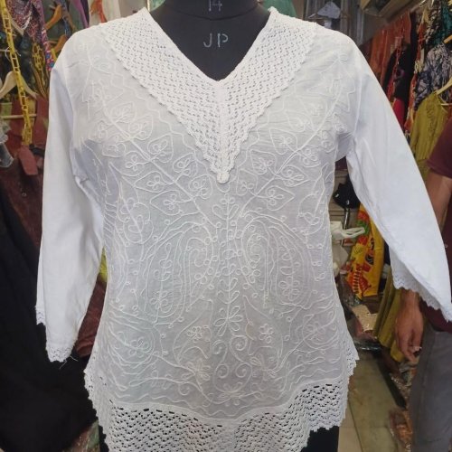 White Cotton V Neck Embroidered Short Kurti