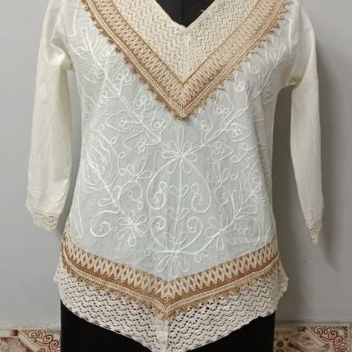 White Jute V Neck Embroidered Short Kurti