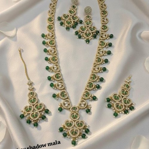 New Shadow Mala Bridal Necklace Set with Green Stones, Earrings &AMP; Maang Tikka | Imitation Kundan Jew