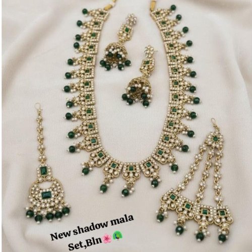 New Shadow Mala Bridal Necklace Set with Green Stones, Earrings &AMP; Maang Tikka | Imitation Kundan Jew