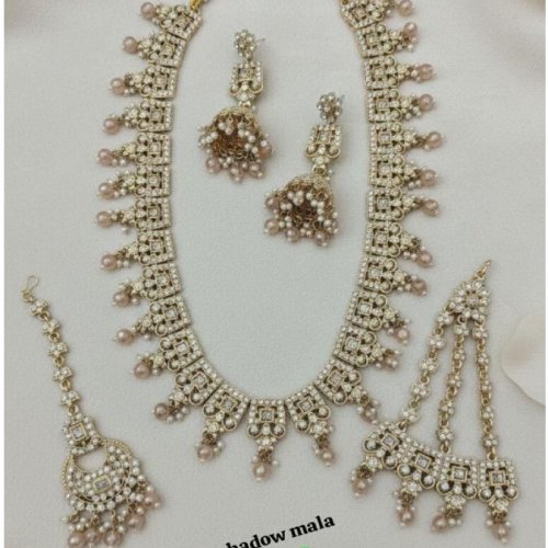 New Shadow Mala Bridal Necklace Set with Green Stones, Earrings &AMP; Maang Tikka | Imitation Kundan Jew