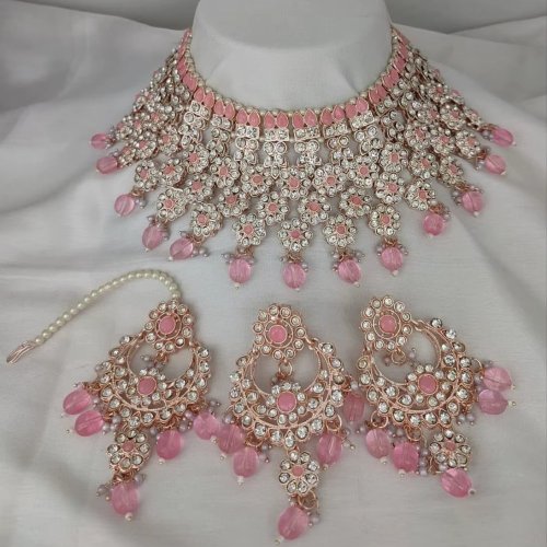 Pink Stone Bridal Choker Necklace Set with Earrings &AMP; Maang Tikka | Rose Gold Imitation Kundan Jewel