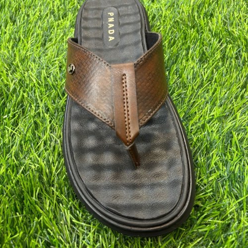Mens Brown Open Toe Leather Slipper