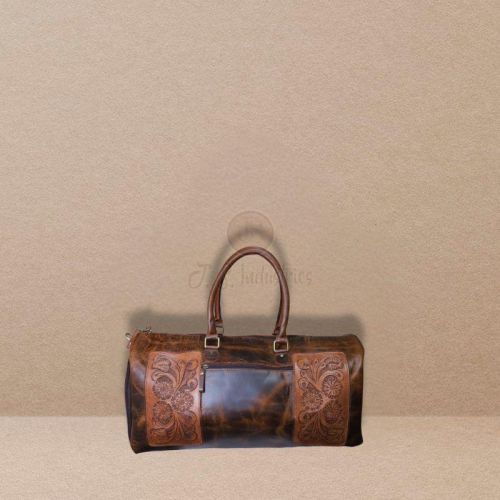 Brown Leather Floral Carved Duffel Bag
