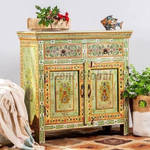Floral Art Wooden Side Cabinet