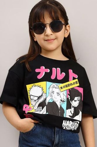 Girls Black Oversized Printed T Shirt
