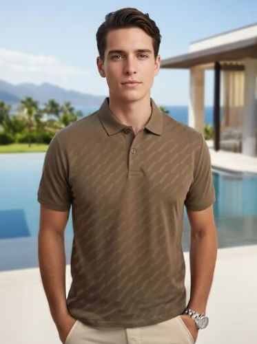 Mens Brown Textured Solid Polo Neck Cotton T Shirt