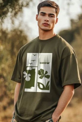 Mens Olive Nature Printed Oversized T Shirt