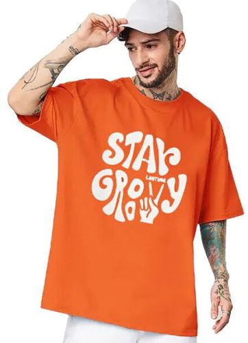 Mens Orange Typography Oversized T Shirt