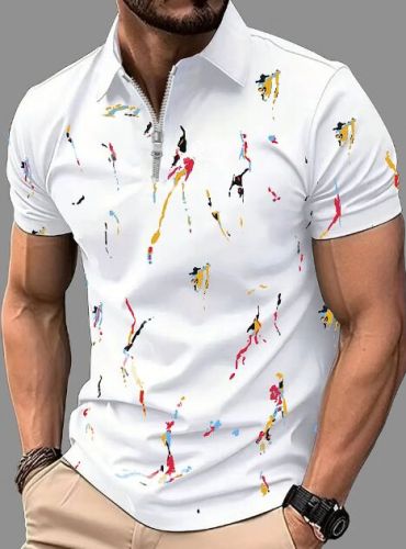 Mens White Abstract Print Zip Neck Cotton Polo T Shirt