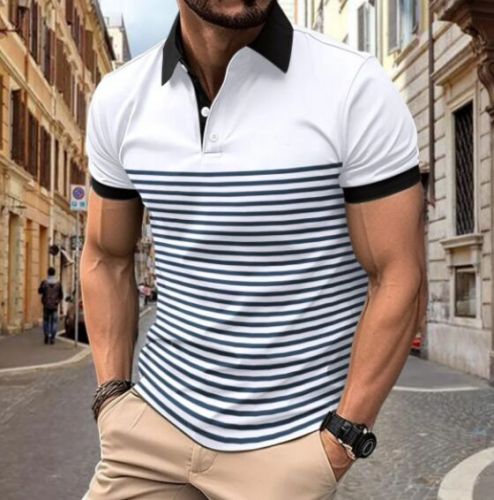 Mens White Striped Contrast Collar Polo Neck Cotton T Shirt
