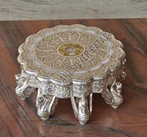 Silver Plated Handcrafted Wooden Round Pooja Chowki