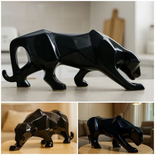 Geometric Black Panther Ceramic Sculpture