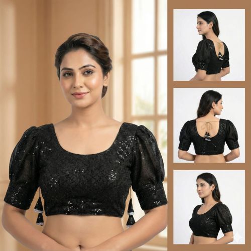 Ladies Black Sequin Puff Sleeve Back Tie Blouse