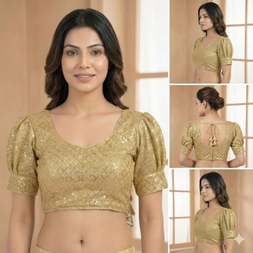 Ladies Golden Sequin Puff Sleeve Back Tie Blouse