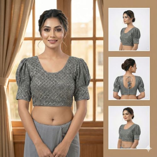 Ladies Grey Sequin Puff Sleeve Back Tie Blouse
