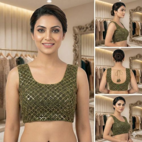 Ladies Olive Green Sequin Back Tie Sleeveless Blouse