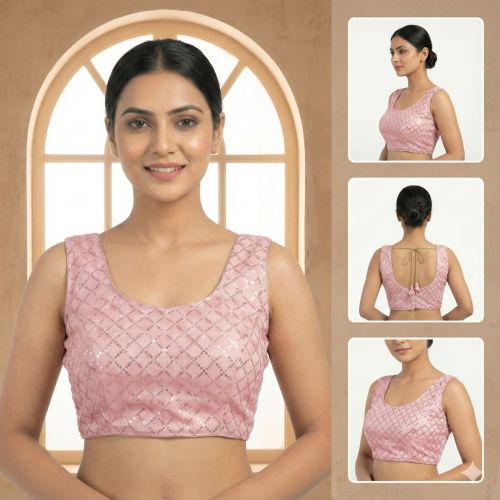 Ladies Pink Sequin Back Tie Sleeveless Blouse