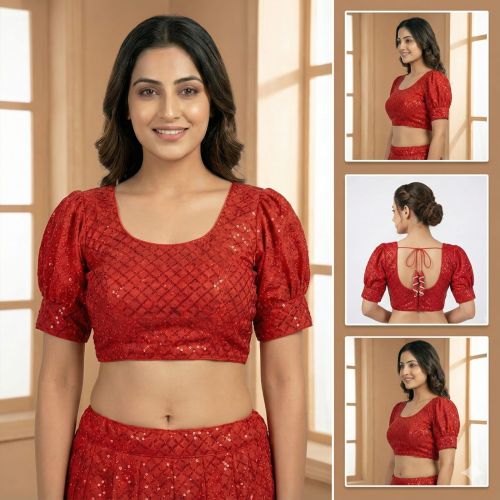 Ladies Red Sequin Puff Sleeve Back Tie Blouse