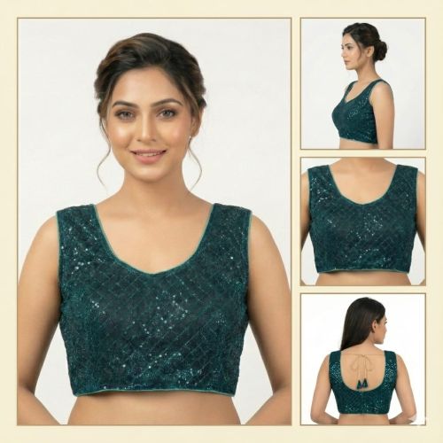 Ladies Teal Sequin Back Tie Blouse